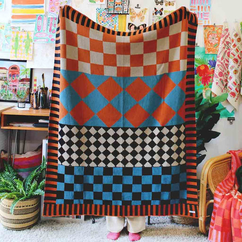 Diamond Checkerboard Pattern Mix & Match Knit Throw Blanket